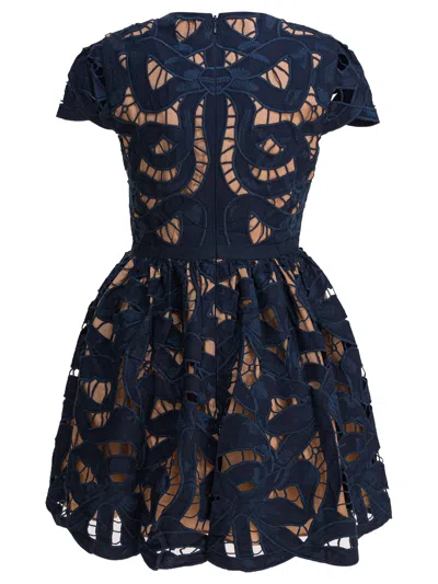 Self-portrait Blue Cotton Poplin Mini Dress With Bow Motif In Black