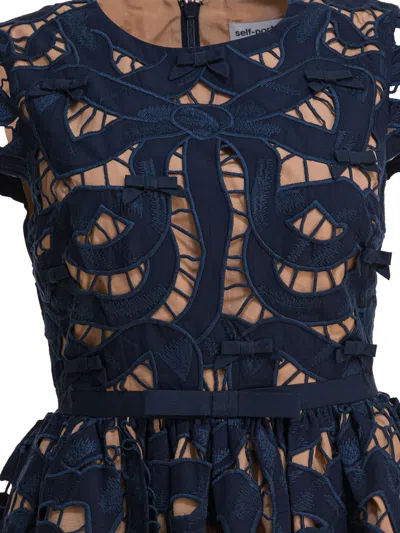 Self-portrait Blue Cotton Poplin Mini Dress With Bow Motif In Black