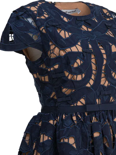Self-portrait Blue Cotton Poplin Mini Dress With Bow Motif In Black