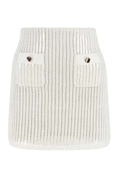 Self-portrait Mini Skirt In Semi-sheer White Knit With Vertical Openwork Stripes In White