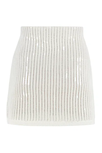 Self-portrait Mini Skirt In Semi-sheer White Knit With Vertical Openwork Stripes In White