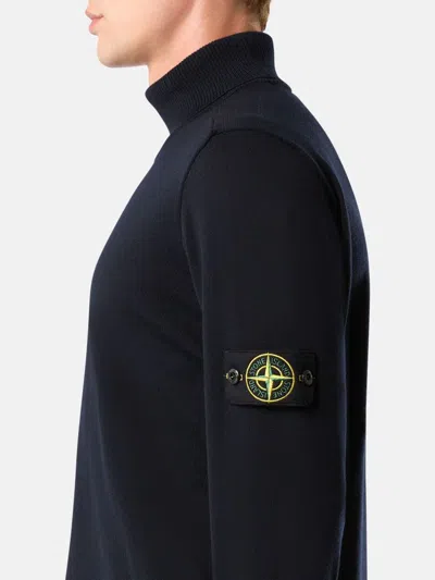 Stone Island Ribbed High Neck Black Turtleneck Sweater In Blue