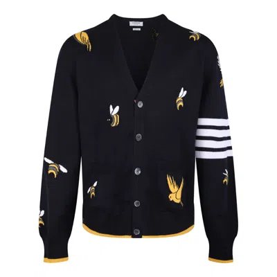 Thom Browne Cardigan With Birds And Bees Inlays In Black