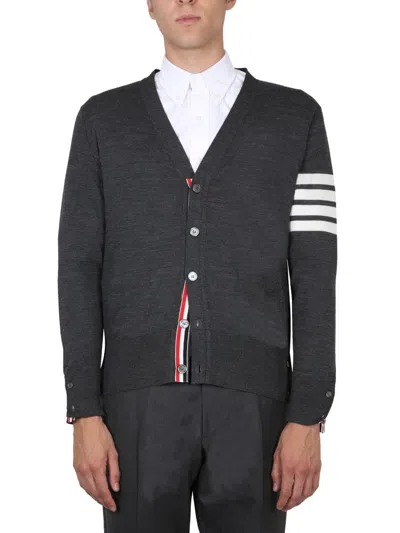 Thom Browne Classic V Neck Cardigan In Fine Merino Wool With 4 Bar Stripes Clothing In Gray
