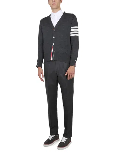 Thom Browne Classic V Neck Cardigan In Fine Merino Wool With 4 Bar Stripes Clothing In Gray