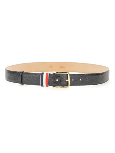 Thom Browne Calf Full Grain Leather Belt With Colored Stripe In Black