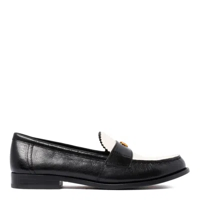 Tory Burch Black Leather Loafers With Decorative Emblem In Black