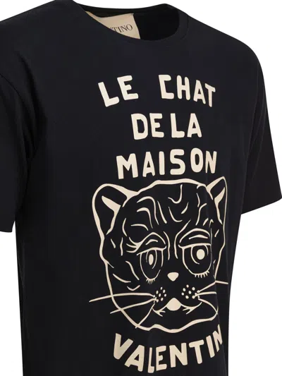 Valentino Black T-shirt With Le Chat De La Maison Print In Blue