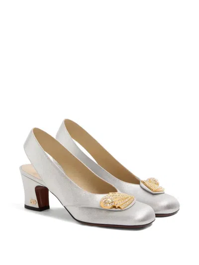 Valentino Block Heel Embellished Slingback Square Toe Pumps In White