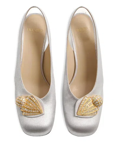 Valentino Block Heel Embellished Slingback Square Toe Pumps In White