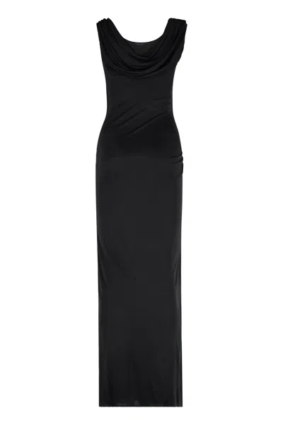 Versace Asymmetric Neck Viscose Long Dress In Black