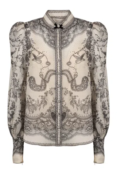 Zimmermann Crush Printed Silk Blouse In Gray