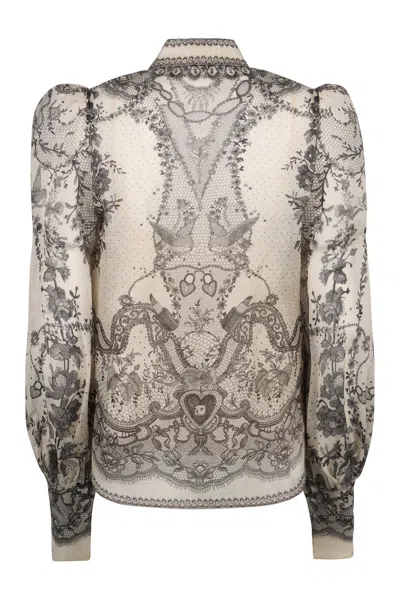 Zimmermann Crush Printed Silk Blouse In Gray