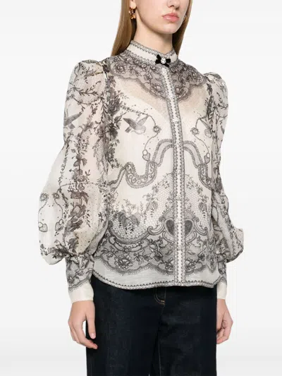 Zimmermann Crush Printed Silk Blouse In Gray