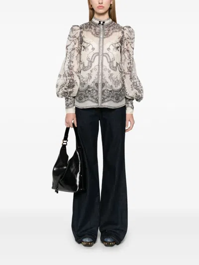 Zimmermann Crush Printed Silk Blouse In Gray