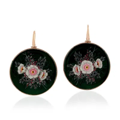 Artisan Women's Pink Designer Picture Bakelite & Enamel Flower Ear Hooks In 18k Rose Gold In Black