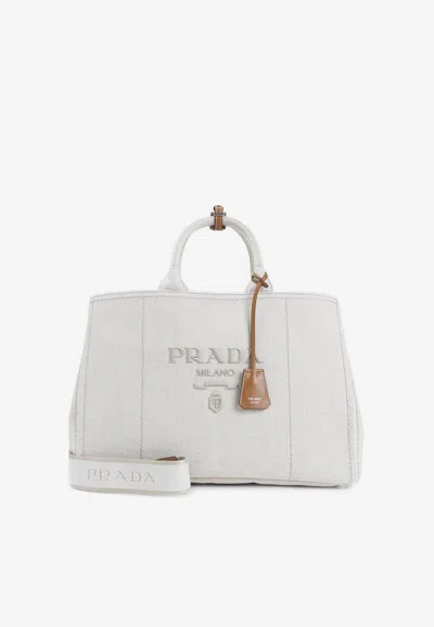 Prada Natural White Cotton Tote Bag In White