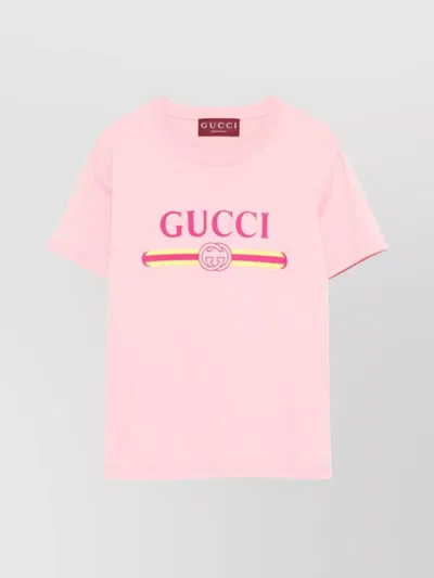 Gucci Women Pink Crewneck T-shirt With Logo Print On The Front In Cotton Woman