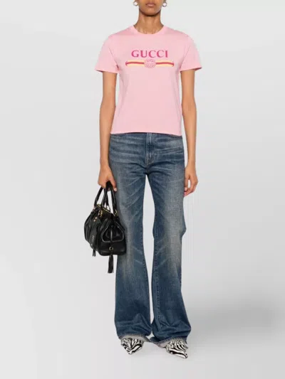 Gucci Women Pink Crewneck T-shirt With Logo Print On The Front In Cotton Woman