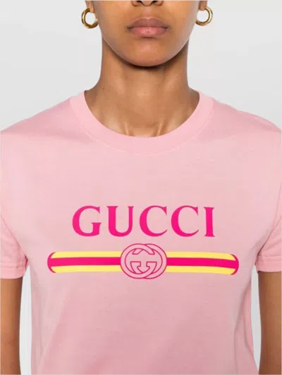 Gucci Women Pink Crewneck T-shirt With Logo Print On The Front In Cotton Woman
