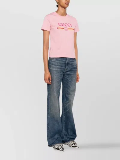 Gucci Women Pink Crewneck T-shirt With Logo Print On The Front In Cotton Woman