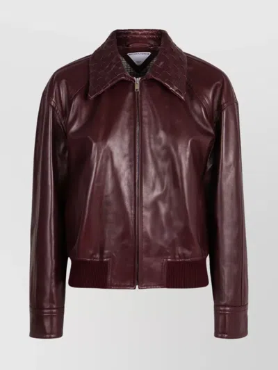 Bottega Veneta Women Bordeaux Crop Jacket With Intreccio Motif Collar And Dropped Shoulders In Leath In Burgundy