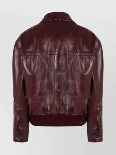 Bottega Veneta Women Bordeaux Crop Jacket With Intreccio Motif Collar And Dropped Shoulders In Leath In Burgundy