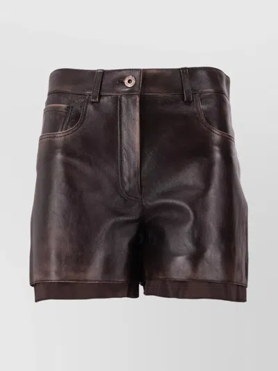 Miu Miu Leather Shorts With Pockets And Loops In Burgundy