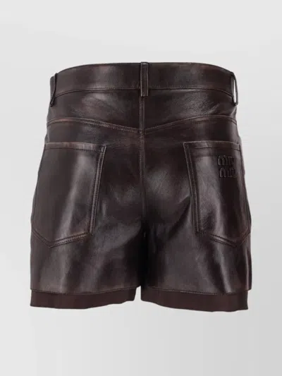 Miu Miu Leather Shorts With Pockets And Loops In Burgundy