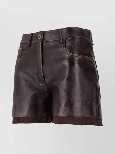 Miu Miu Leather Shorts With Pockets And Loops In Burgundy