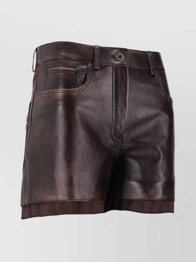 Miu Miu Leather Shorts With Pockets And Loops In Burgundy