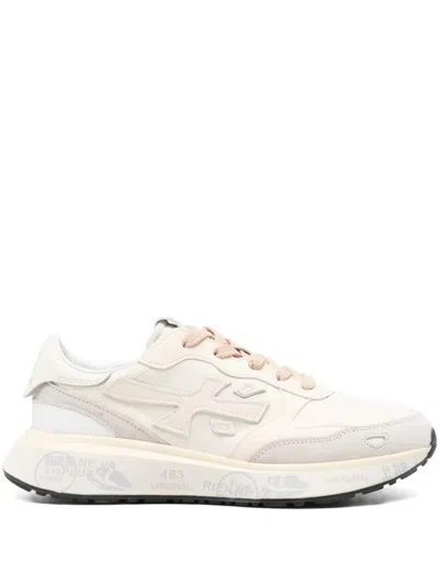 Premiata Light Beige Calf Leather Low-top Sneakers With Metallic Accents In Multi