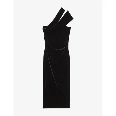 Reiss Womens Black Dalia One-shoulder Slim-fit Stretch-velvet Midi Dress In Black