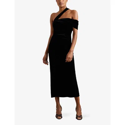 Reiss Womens Black Dalia One-shoulder Slim-fit Stretch-velvet Midi Dress In Black