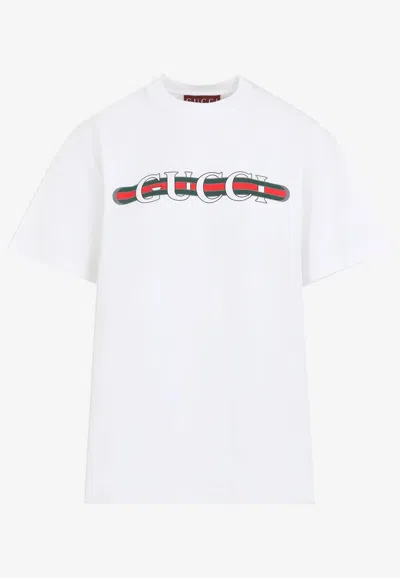 Gucci Women White Crewneck T-shirt Wth Web Print With Logo Lettering On The Front In Cotton Woman