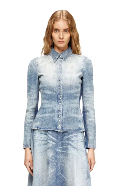 Diesel Shirt In Distressed Honeycomb Denim In Blue