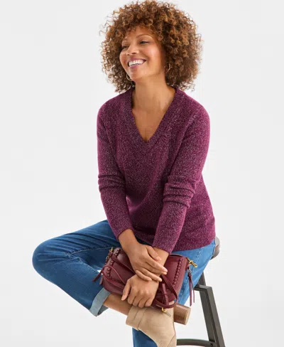 Style & Co Women's V-neck Shine Sweater, Macy's Exclusive In Burgundy