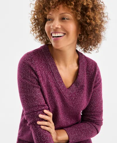 Style & Co Women's V-neck Shine Sweater, Macy's Exclusive In Burgundy
