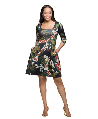 24seven Comfort Apparel Three Quarter Sleeve Fit And Flare Dress In Black