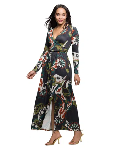 24seven Comfort Apparel Women's Green Paisley Print Long Sleeve Wrap Maxi Dress In Black