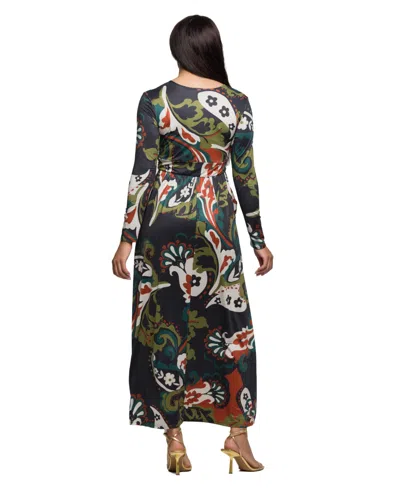 24seven Comfort Apparel Women's Green Paisley Print Long Sleeve Wrap Maxi Dress In Black