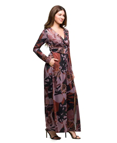 24seven Comfort Apparel Women's Gray Floral Print Long Sleeve Wrap Maxi Dress In Brown