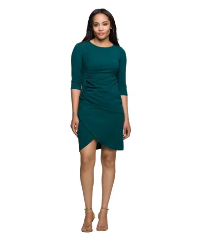 24seven Comfort Apparel Women's Three Quarter Sleeve Ruched Tulip Hem Mini Dress In Green