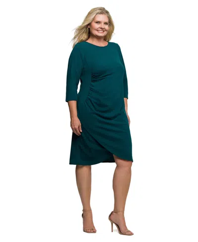 24seven Comfort Apparel Plus Size Three Quarter Sleeve Ruched Tulip Hem Mini Dress In Green