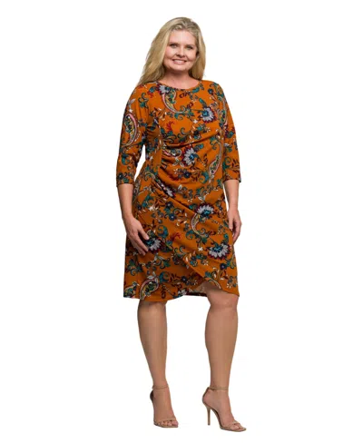 24seven Comfort Apparel Plus Size Elbow Sleeve Ruched Tulip Fall Print Mini Dress In Multi