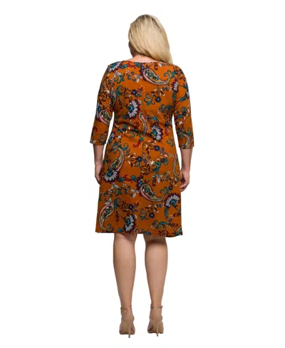 24seven Comfort Apparel Plus Size Elbow Sleeve Ruched Tulip Fall Print Mini Dress In Multi