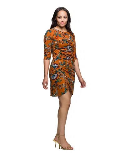 24seven Comfort Apparel Women's Elbow Sleeve Ruched Tulip Fall Print Mini Dress In Multi