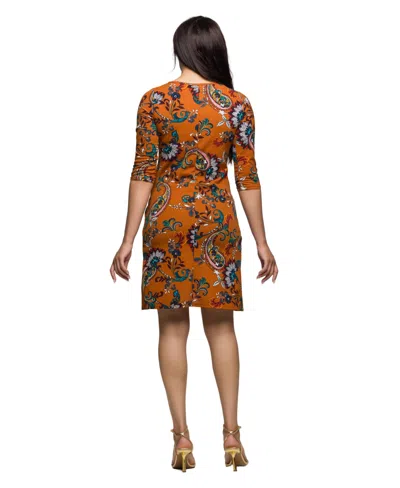 24seven Comfort Apparel Women's Elbow Sleeve Ruched Tulip Fall Print Mini Dress In Multi