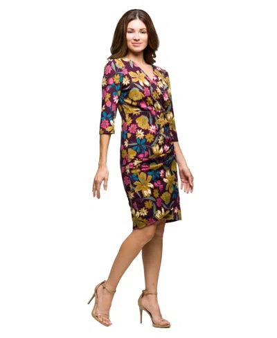 24seven Comfort Apparel Women's Floral Print Faux Wrap Dress In Multi