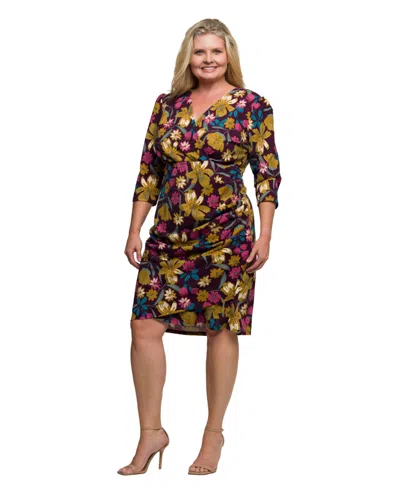 24seven Comfort Apparel Plus Size Floral Print Faux Wrap Dress In Multi